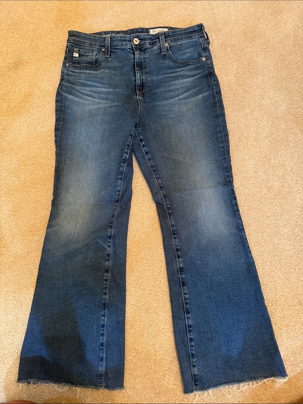 AG Raw Hem Medium Blue Farrah Boot Crop Jeans